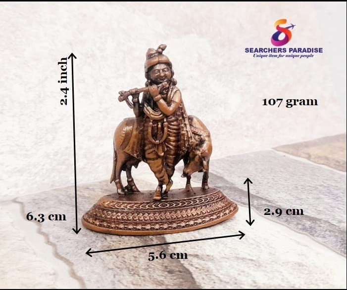 Brownish-Orange Copper Idols India, 2.4 Inches, Handmade Krishna With Cow Idol, 107G, Patina Antique Finish, Pack Of 1 Piece