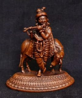Brownish-Orange Copper Idols India, 2.4 Inches, Handmade Krishna With Cow Idol, 107G, Patina Antique Finish, Pack Of 1 Piece