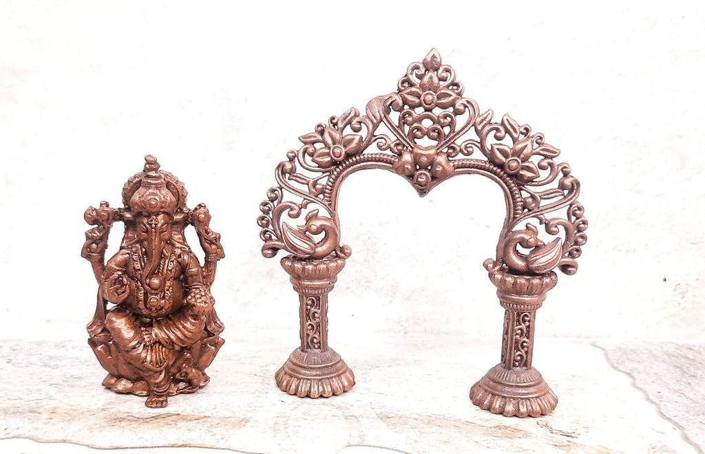 Brownish-Orange Copper Idols Of God Ganesh With Prabhavalli By Unikraf , Handmade 3.5 Inch, 210 Gram, Patina Antique Finish, Pack Of 1 Piece