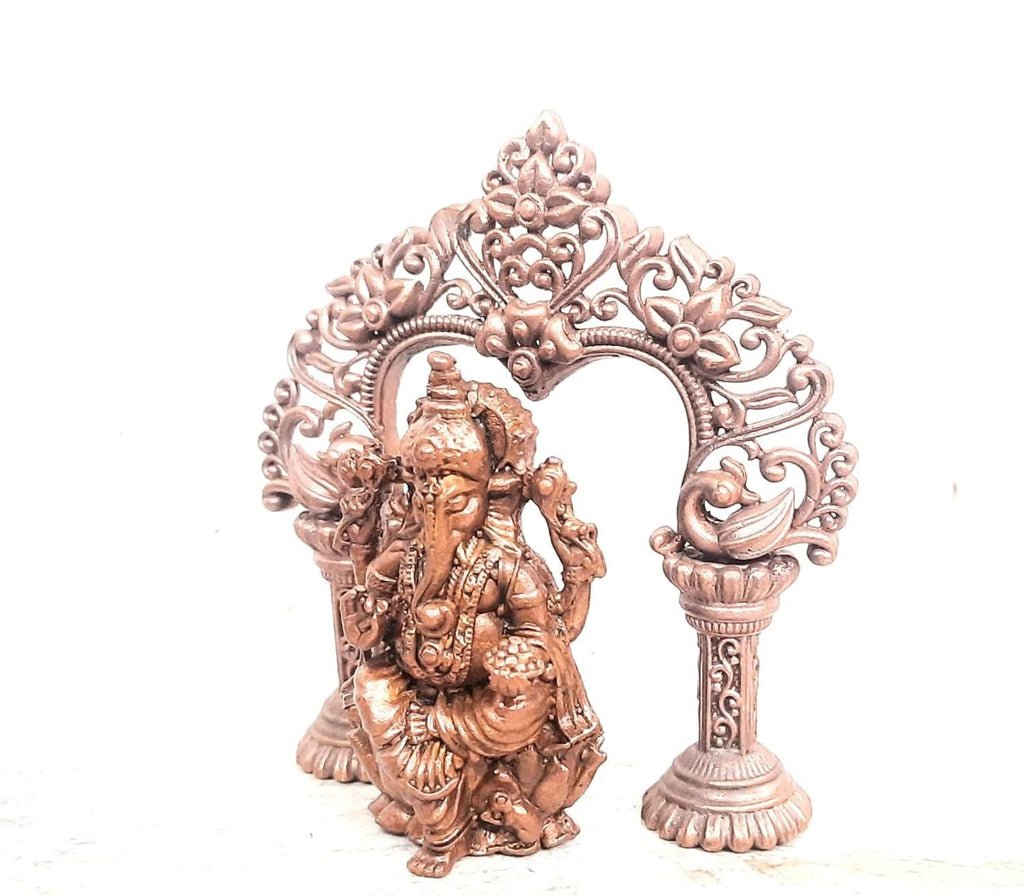 Brownish-Orange Copper Idols Of God Ganesh With Prabhavalli By Unikraf , Handmade 3.5 Inch, 210 Gram, Patina Antique Finish, Pack Of 1 Piece