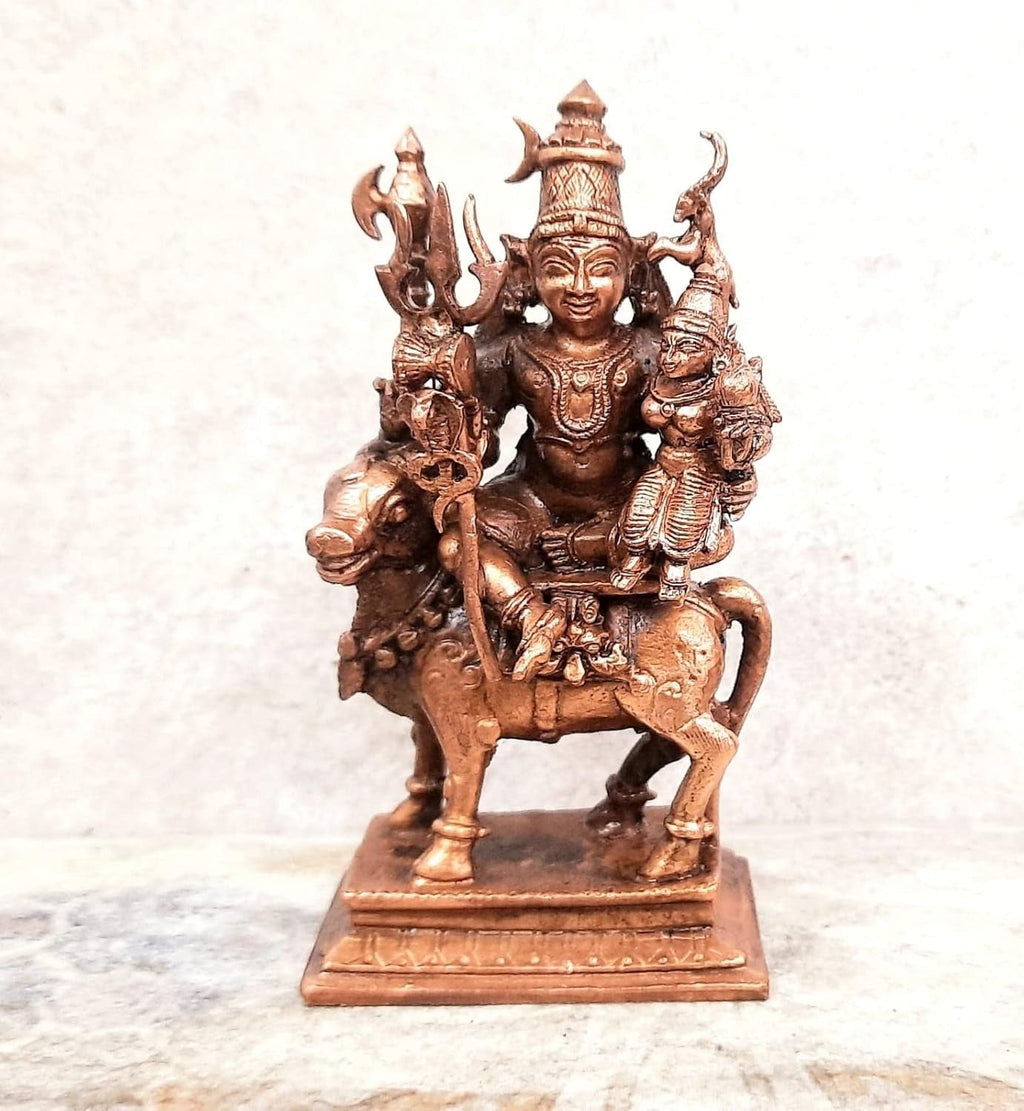 Brownish-Orange Copper Idols Of God Combo Shiva Parvathi Idol With Nandhi Vahnam Idol By Unikraf , 11.5 Cm, 471G, Patina Antique Finish, Pack Of 1 Piece