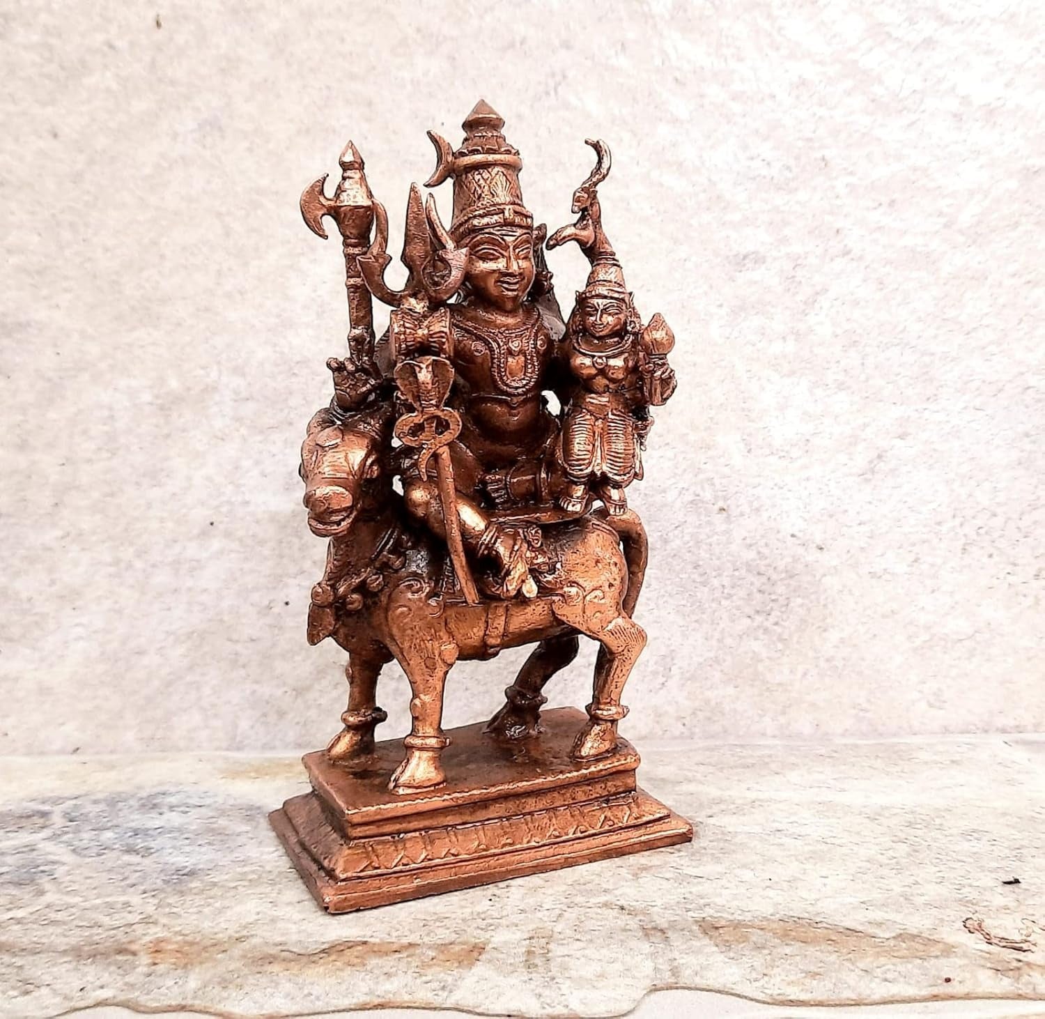 Brownish-Orange Copper Idols Of God Combo Shiva Parvathi Idol With Nandhi Vahnam Idol By Unikraf , 11.5 Cm, 471G, Patina Antique Finish, Pack Of 1 Piece