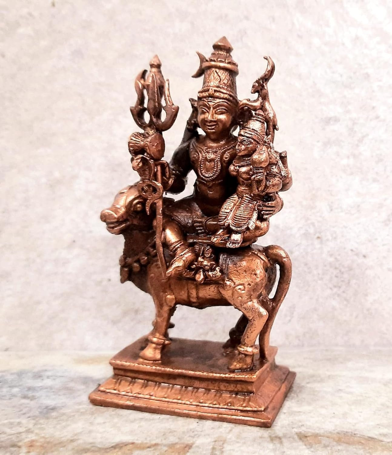 Brownish-Orange Copper Idols Of God Combo Shiva Parvathi Idol With Nandhi Vahnam Idol By Unikraf , 11.5 Cm, 471G, Patina Antique Finish, Pack Of 1 Piece