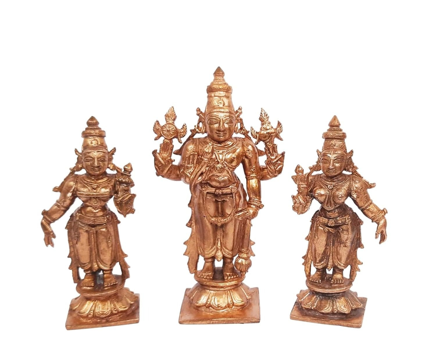 Brownish-Orange Copper Idols Of God Srinivasa Perumal With Sridevi And Bhudevi By Unikraf , 4.1 Inches, 520G, Patina Antique Finish, Pack Of 3 Piece