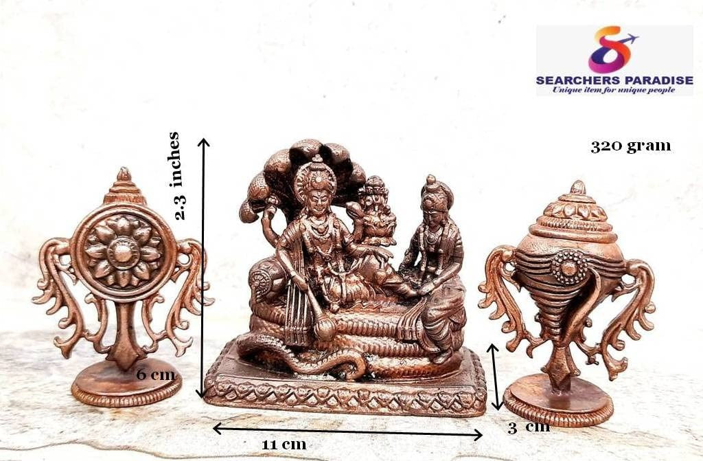 Brownish-Orange Copper Idols Of God Vishnu Along With Mahalakshmi Lying In Adisesha Sanghu Chakram By Unikraf , 2.3 Inches, 320G, Patina Antique Finish, Pack Of 3 Piece