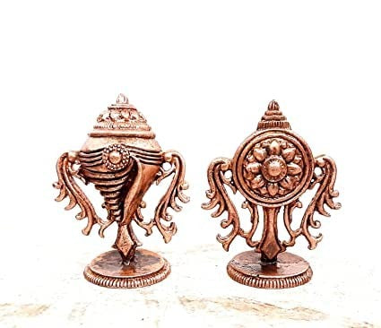 Brownish-Orange Copper Idols Of God Vishnu Along With Mahalakshmi Lying In Adisesha Sanghu Chakram By Unikraf , 2.3 Inches, 320G, Patina Antique Finish, Pack Of 3 Piece