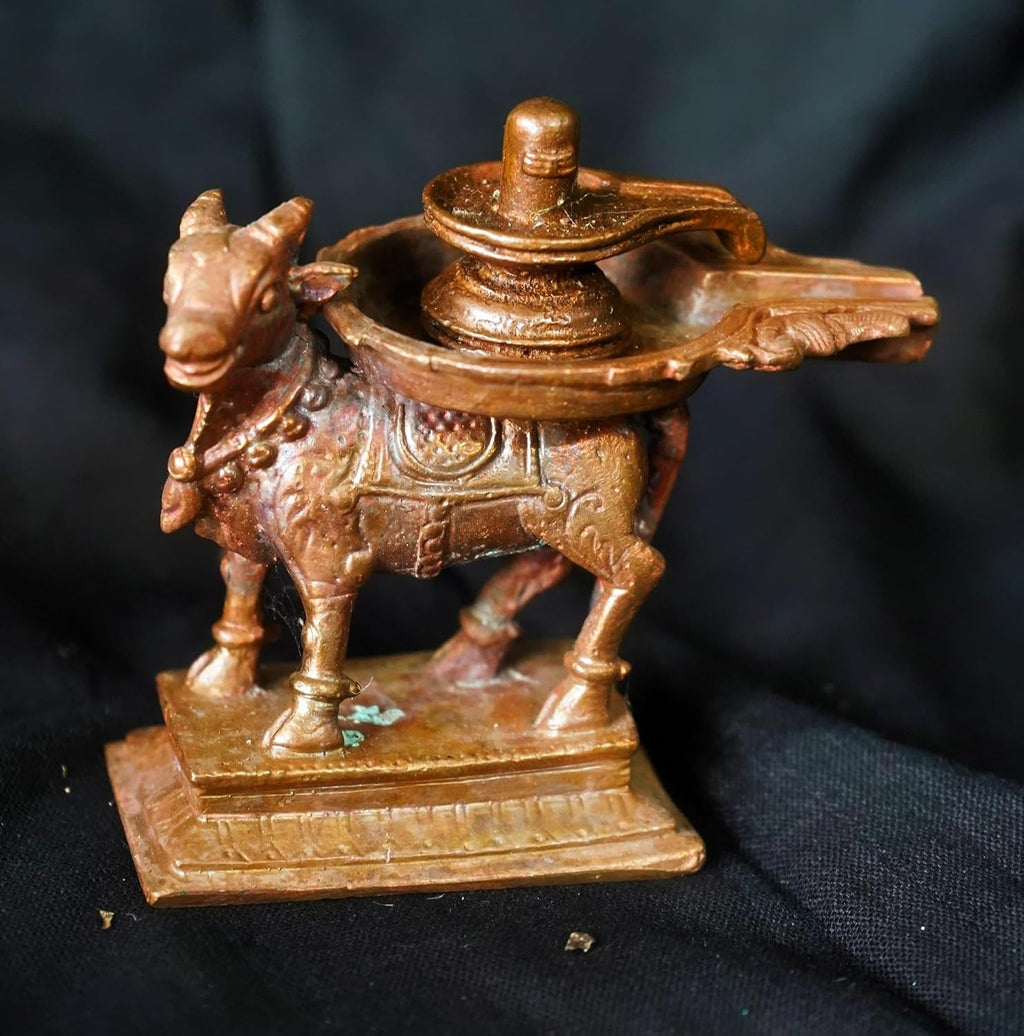 Brown Copper God Idols Shivalingam Wih Nandhi Combo Set, 3.9 Inches, 410G, Patina Antique Finish, Pack Of 1 Piece