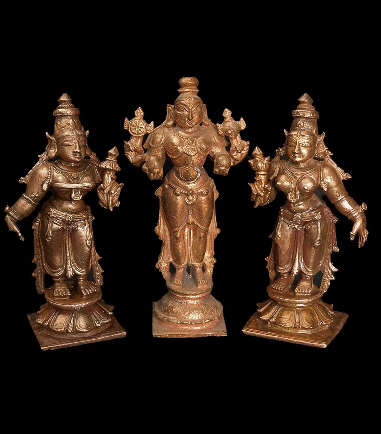 Brown Copper God Idols Rukmani Sathyabama Sametha Navaneetha Kannan 3.9 Inches, 450G, Patina Antique Finish, Pack Of 3 Piece