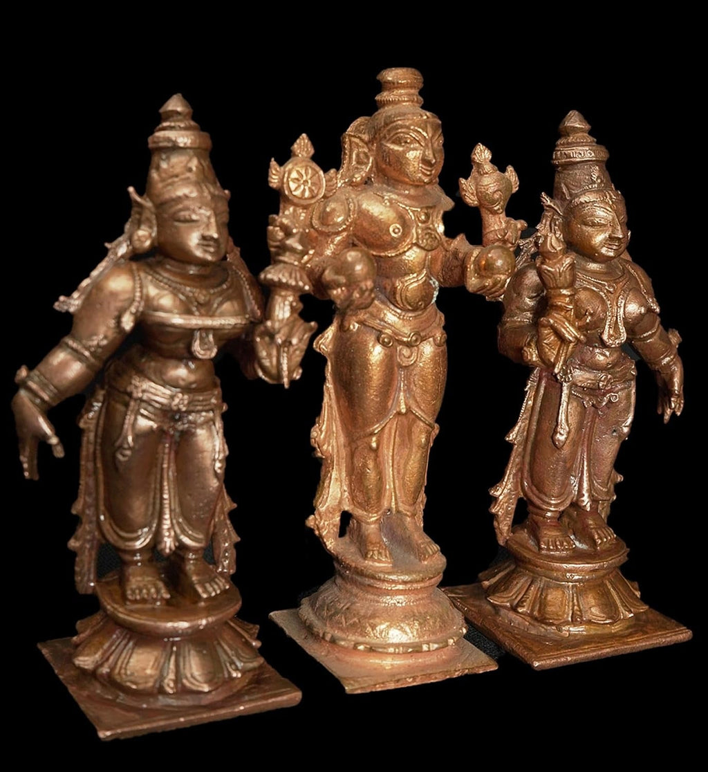 Brown Copper God Idols Rukmani Sathyabama Sametha Navaneetha Kannan 3.9 Inches, 450G, Patina Antique Finish, Pack Of 3 Piece