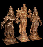 Brown Copper God Idols Rukmani Sathyabama Sametha Navaneetha Kannan 3.9 Inches, 450G, Patina Antique Finish, Pack Of 3 Piece