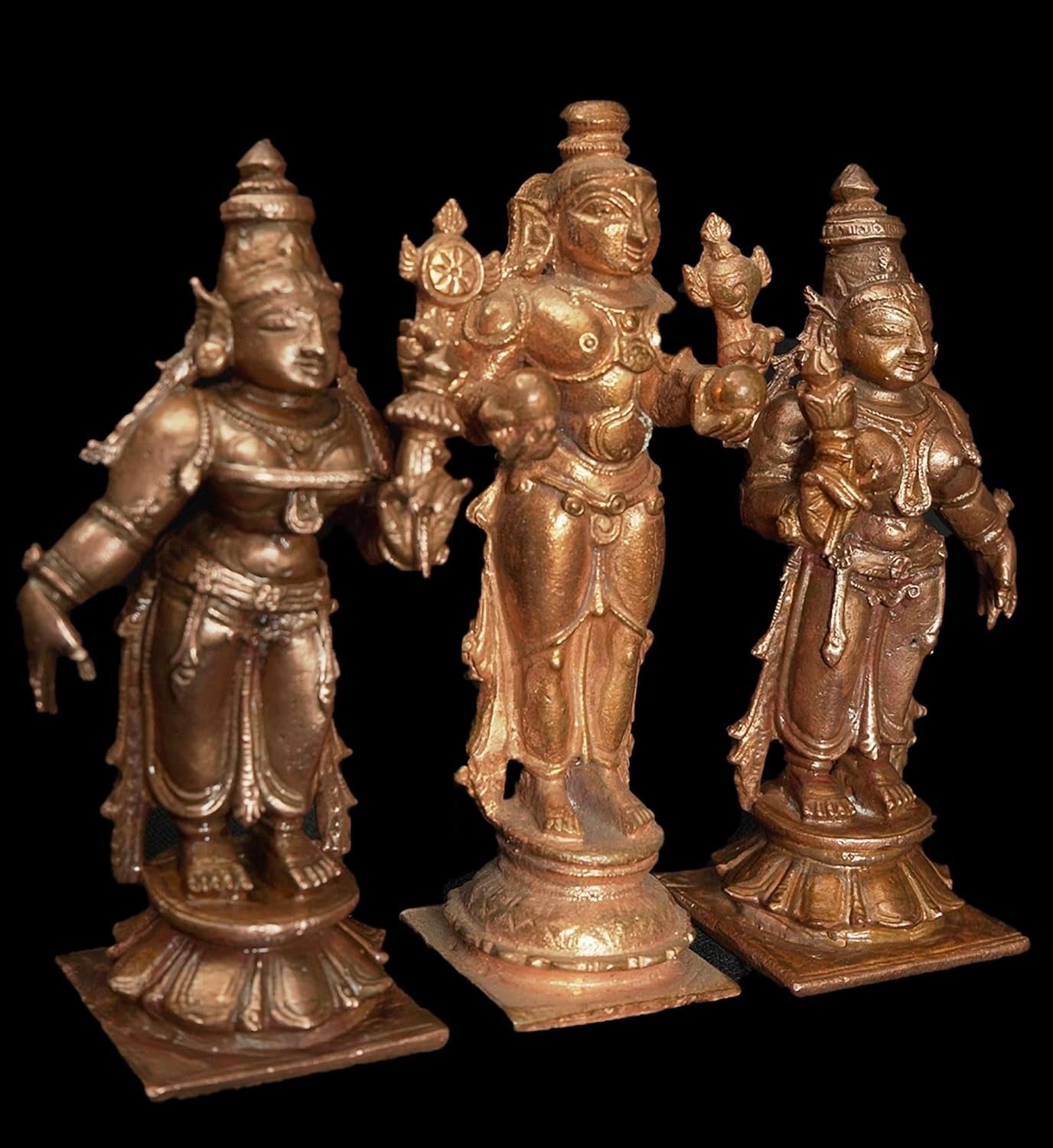 Brown Copper God Idols Rukmani Sathyabama Sametha Navaneetha Kannan 3.9 Inches, 450G, Patina Antique Finish, Pack Of 3 Piece