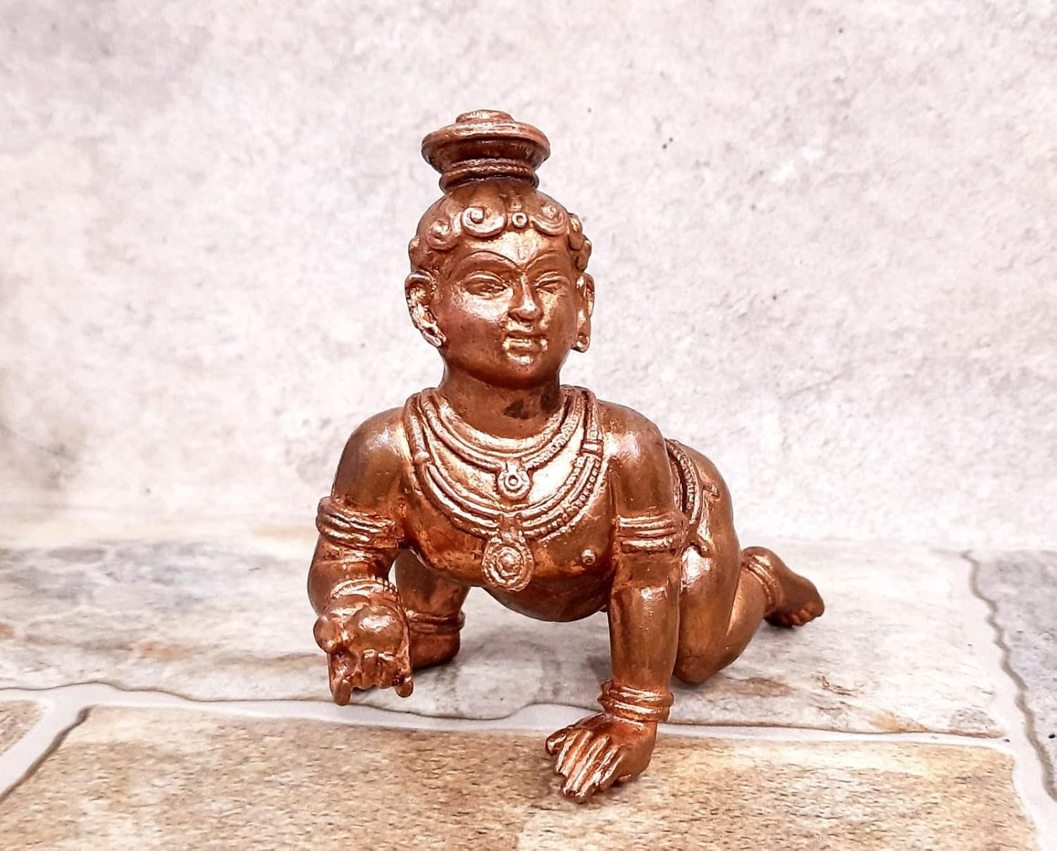 Brownish-Orange Copper Idols Of God Bal Krishna With Laddu By Unikraf , 4.1 Inches, 860G, Patina Antique Finish, Pack Of 1 Piece
