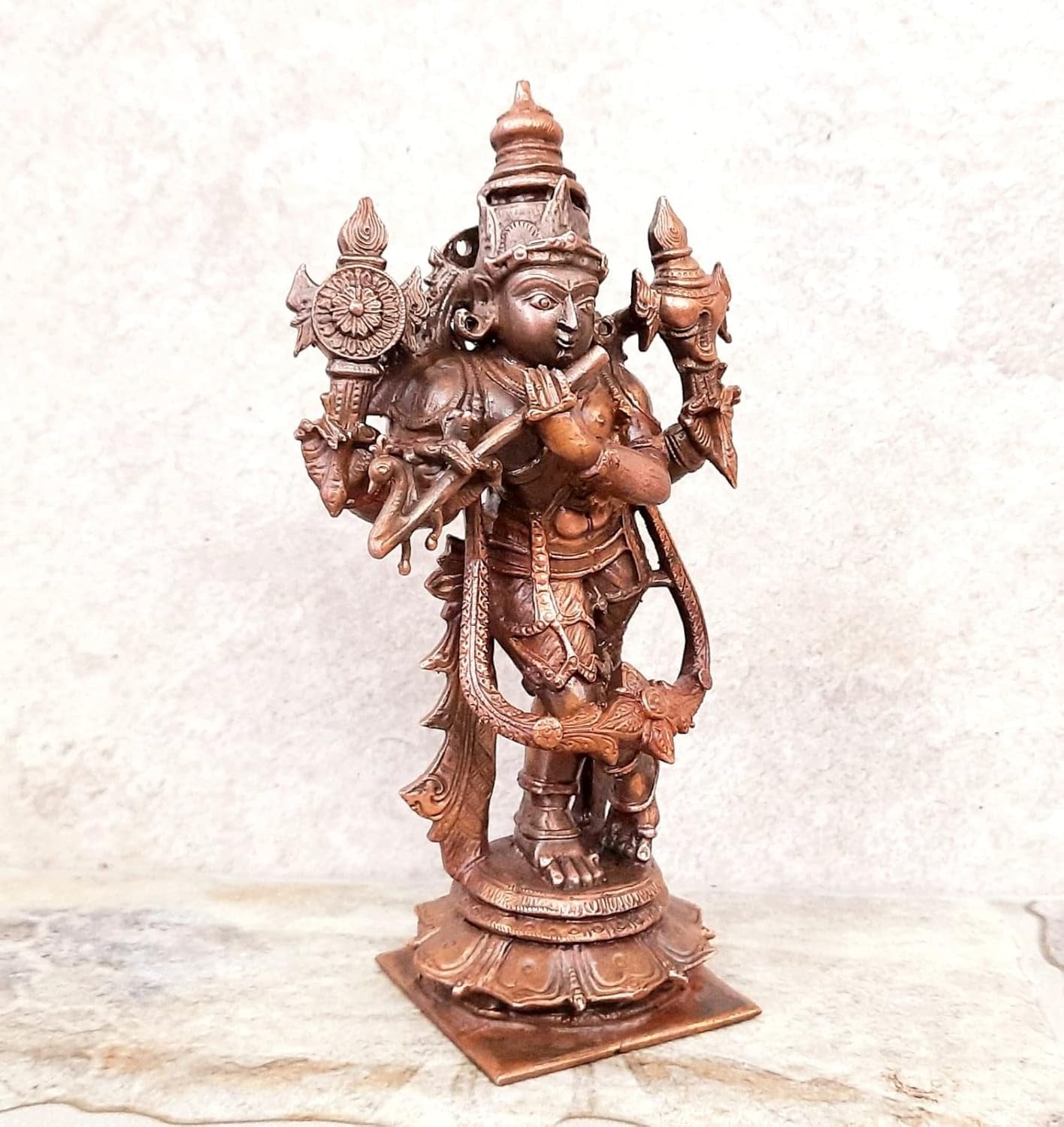 Brownish-Orange Copper Idols Of God Standing Venugopal Swamy, 5.7 Inches, 700 Gram, Patina Antique Finish, Pack Of 1 Piece