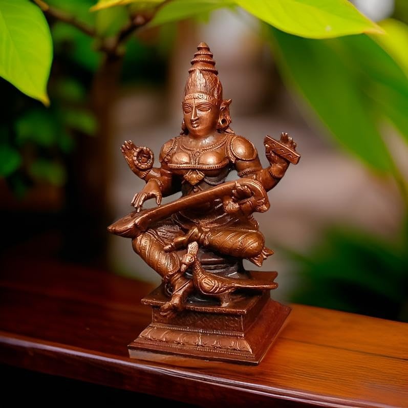 Brownish-Orange Copper Idols, 4 Inches, Handmade Saraswathi 500G, Patina Antique Finish, Pack Of 1 Piece
