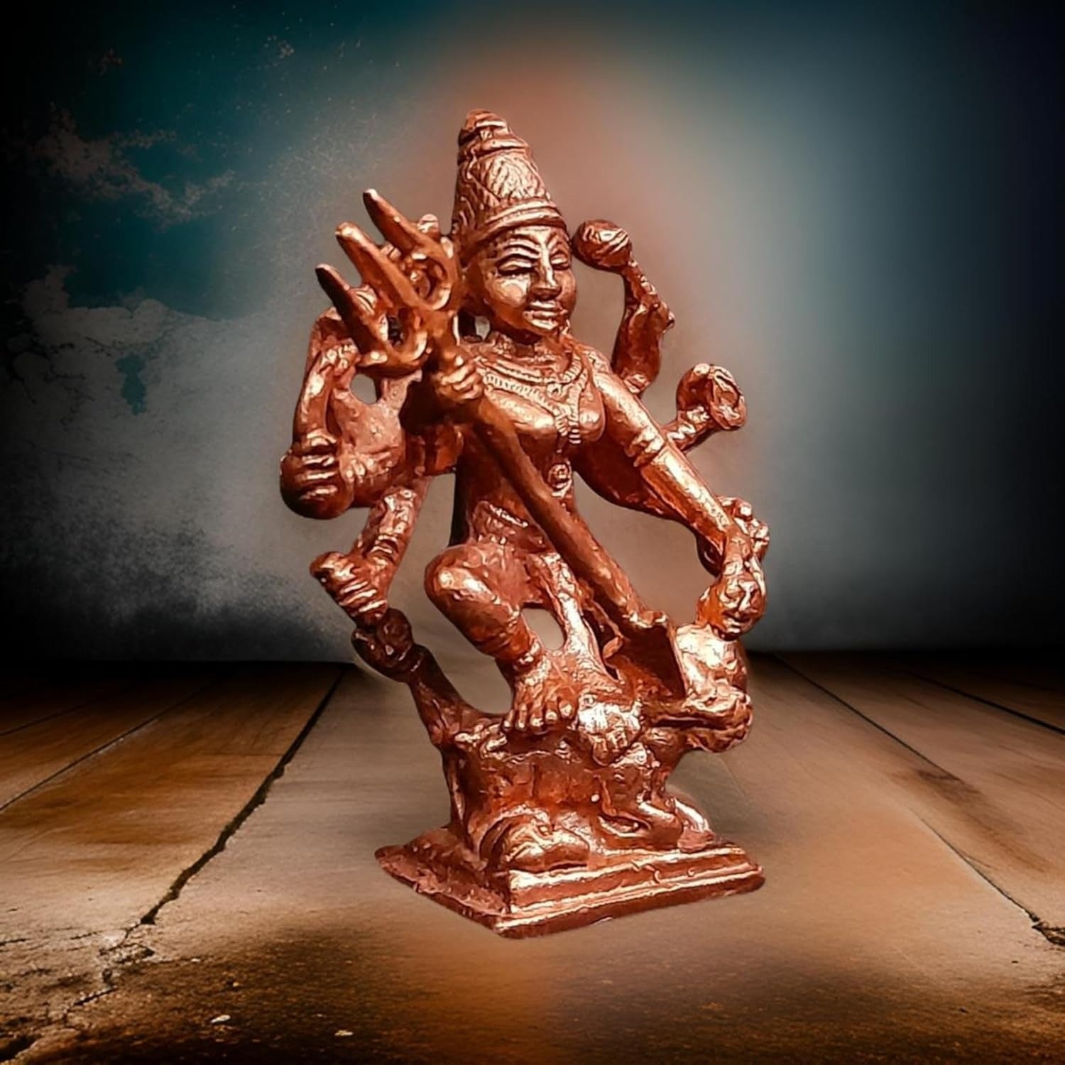 Brownish-Orange Copper Idols India, 2.3 Inches, Handmade Mahishasura Mardhini, 79Grams, Patina Antique Finish, Pack Of 1 Piece