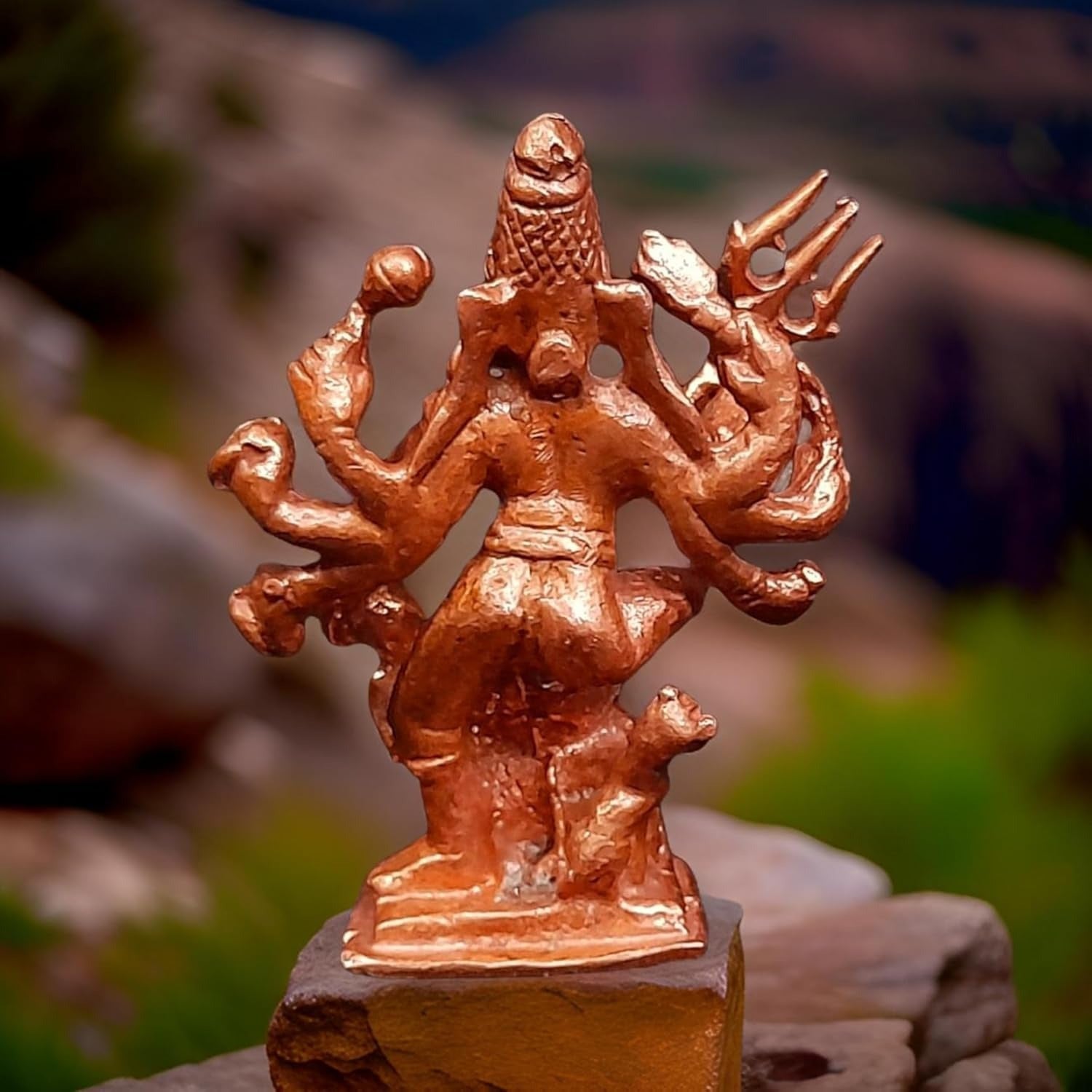 Brownish-Orange Copper Idols India, 2.3 Inches, Handmade Mahishasura Mardhini, 79Grams, Patina Antique Finish, Pack Of 1 Piece