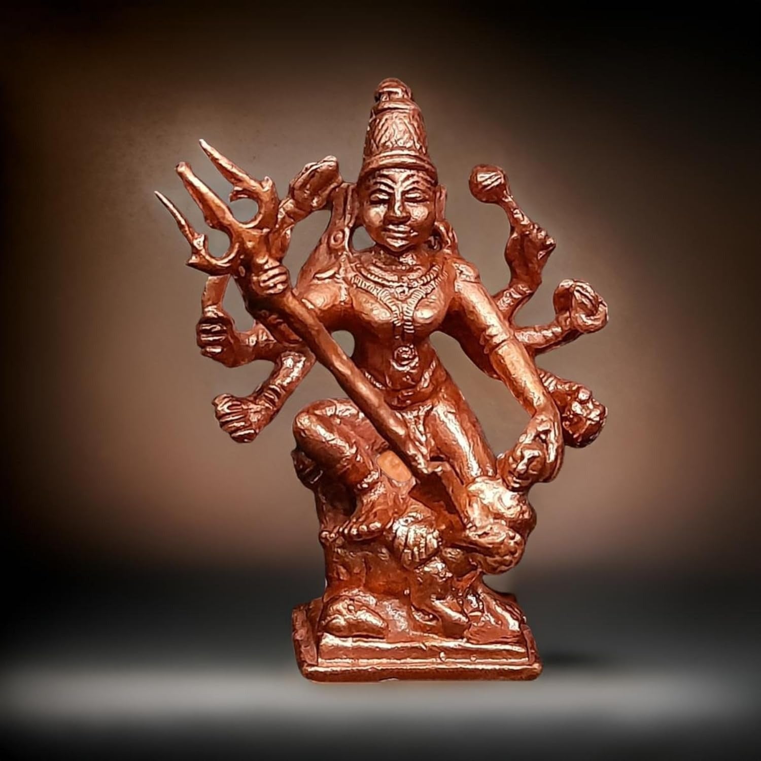 Brownish-Orange Copper Idols India, 2.3 Inches, Handmade Mahishasura Mardhini, 79Grams, Patina Antique Finish, Pack Of 1 Piece