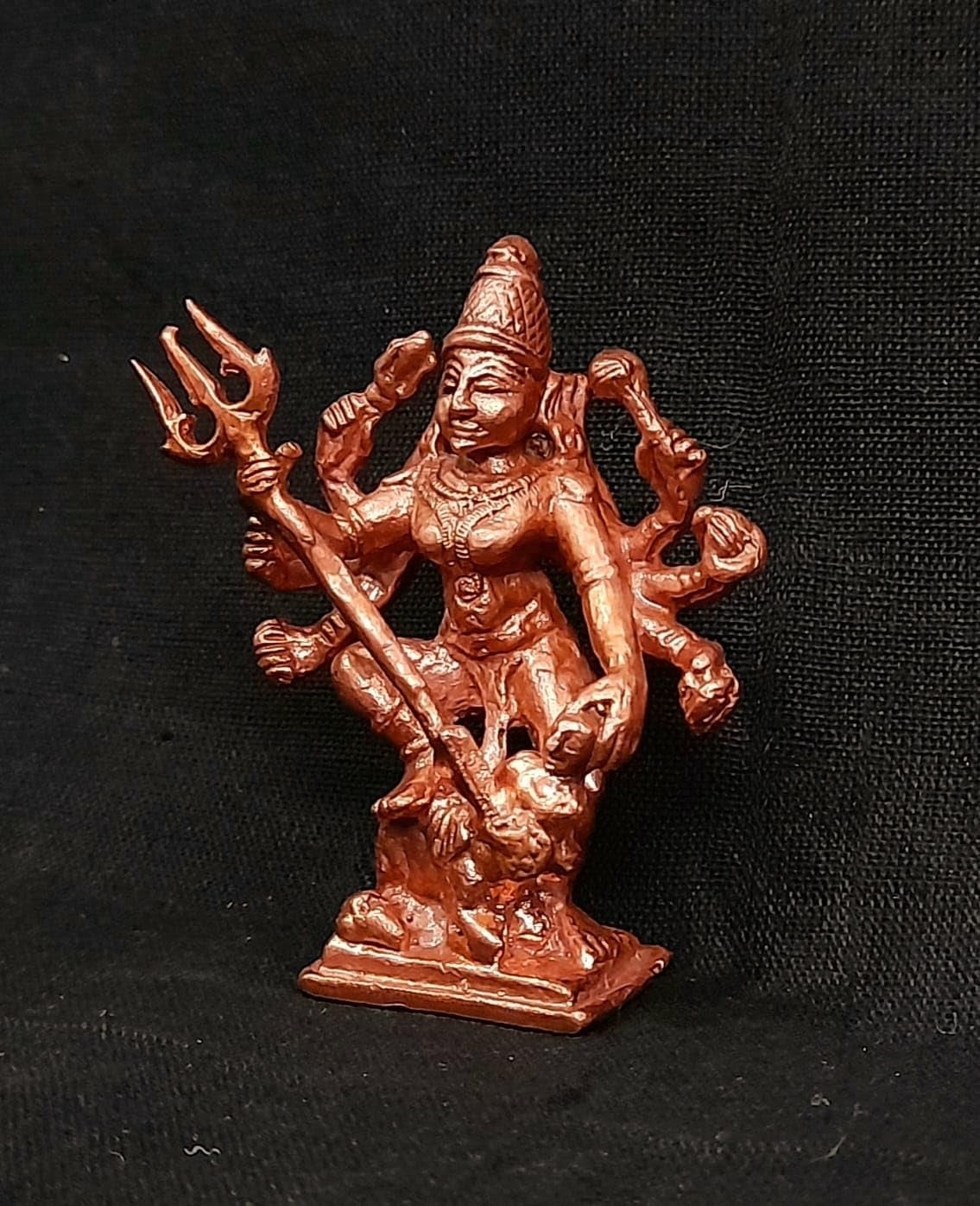 Brownish-Orange Copper Idols India, 2.3 Inches, Handmade Mahishasura Mardhini, 79Grams, Patina Antique Finish, Pack Of 1 Piece