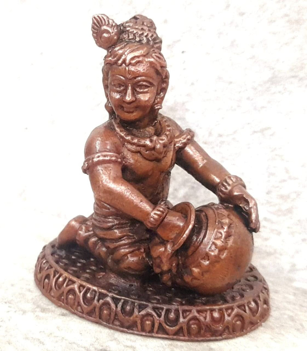 Brownish-Orange Copper Idols India, 1.8 Inches, Sri Krishna Culture Krishna Idol Sitting And Stealing Butter, 85G, Patina Antique Finish, Pack Of 1 Piece