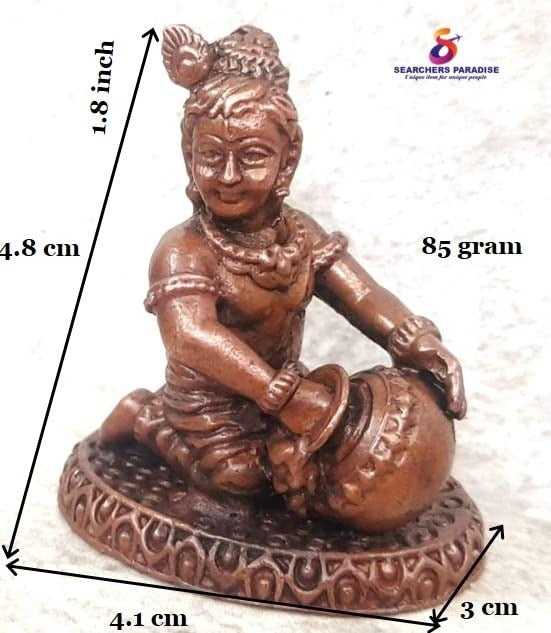 Brownish-Orange Copper Idols India, 1.8 Inches, Sri Krishna Culture Krishna Idol Sitting And Stealing Butter, 85G, Patina Antique Finish, Pack Of 1 Piece