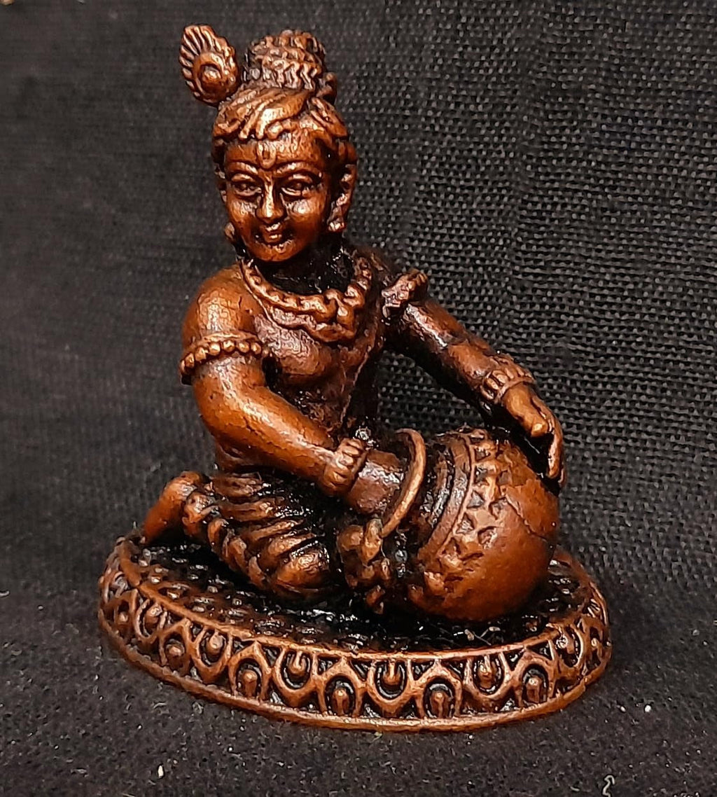 Brownish-Orange Copper Idols India, 1.8 Inches, Sri Krishna Culture Krishna Idol Sitting And Stealing Butter, 85G, Patina Antique Finish, Pack Of 1 Piece