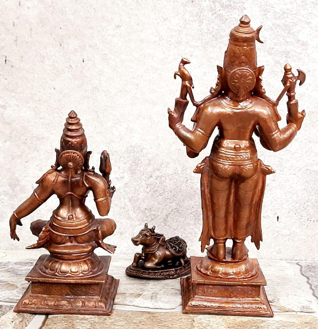 Brownish-Orange Copper Idols Of God Shiva With Goddess Parvathi With Nandhi By Unikraf , 6.3 Inches, 1.201 Kg, Patina Antique Finish, Pack Of 3 Piece