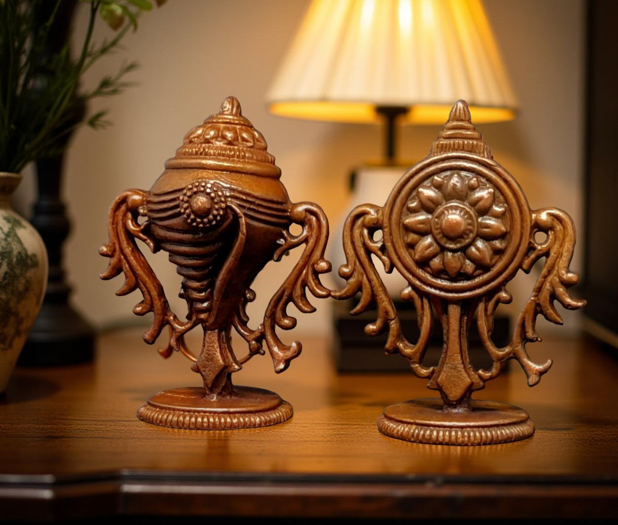 Brownish-Orange Copper Idols Of God Sanghu And Chakram, 1.9 Inch, 62G, Patina Antique Finish, Pack Of 2 Piece