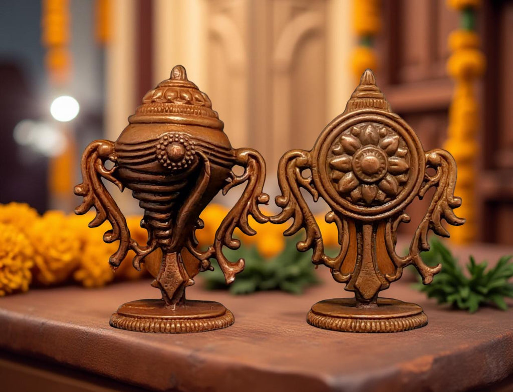 Brownish-Orange Copper Idols Of God Sanghu And Chakram, 1.9 Inch, 62G, Patina Antique Finish, Pack Of 2 Piece