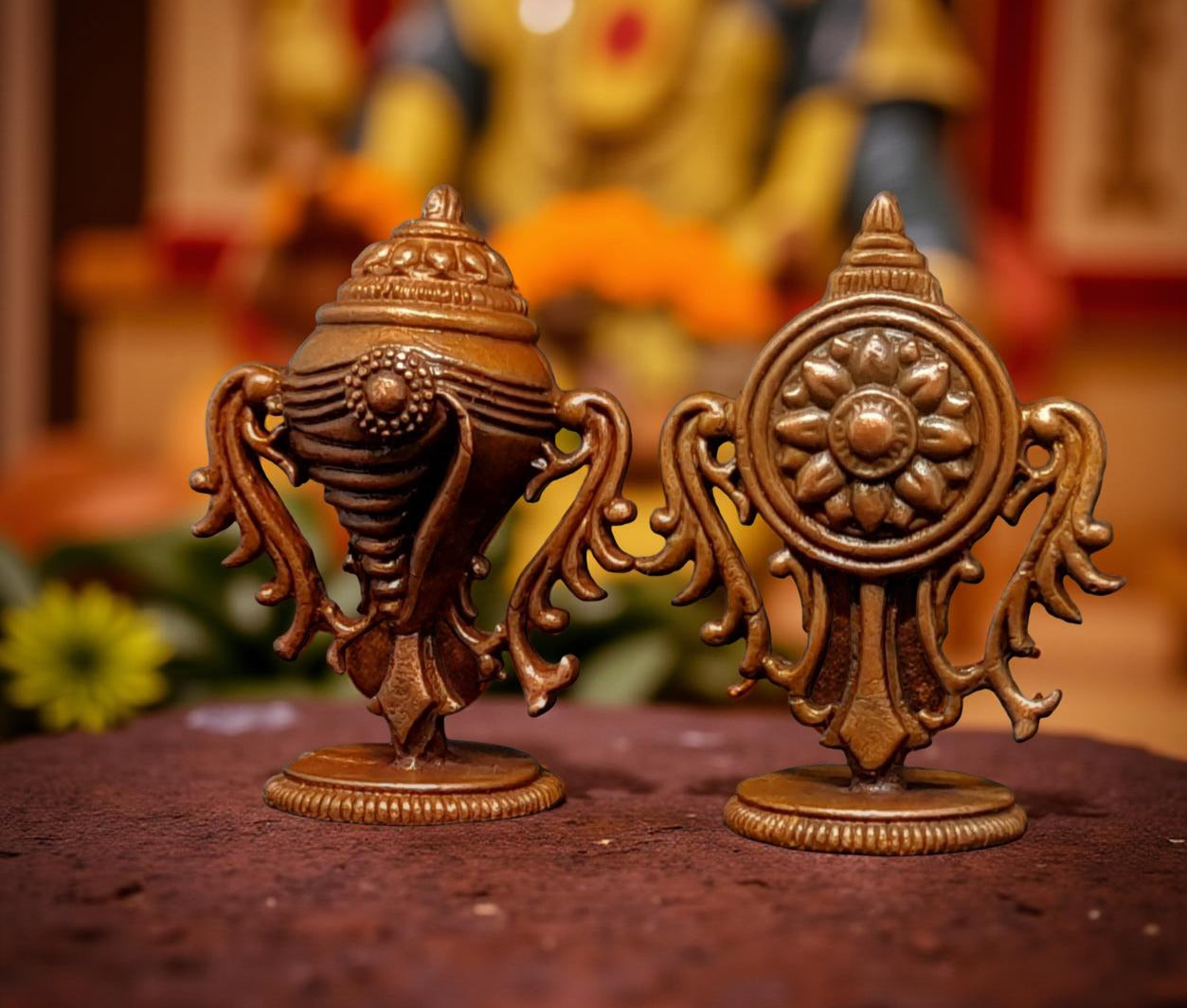 Brownish-Orange Copper Idols Of God Sanghu And Chakram, 1.9 Inch, 62G, Patina Antique Finish, Pack Of 2 Piece