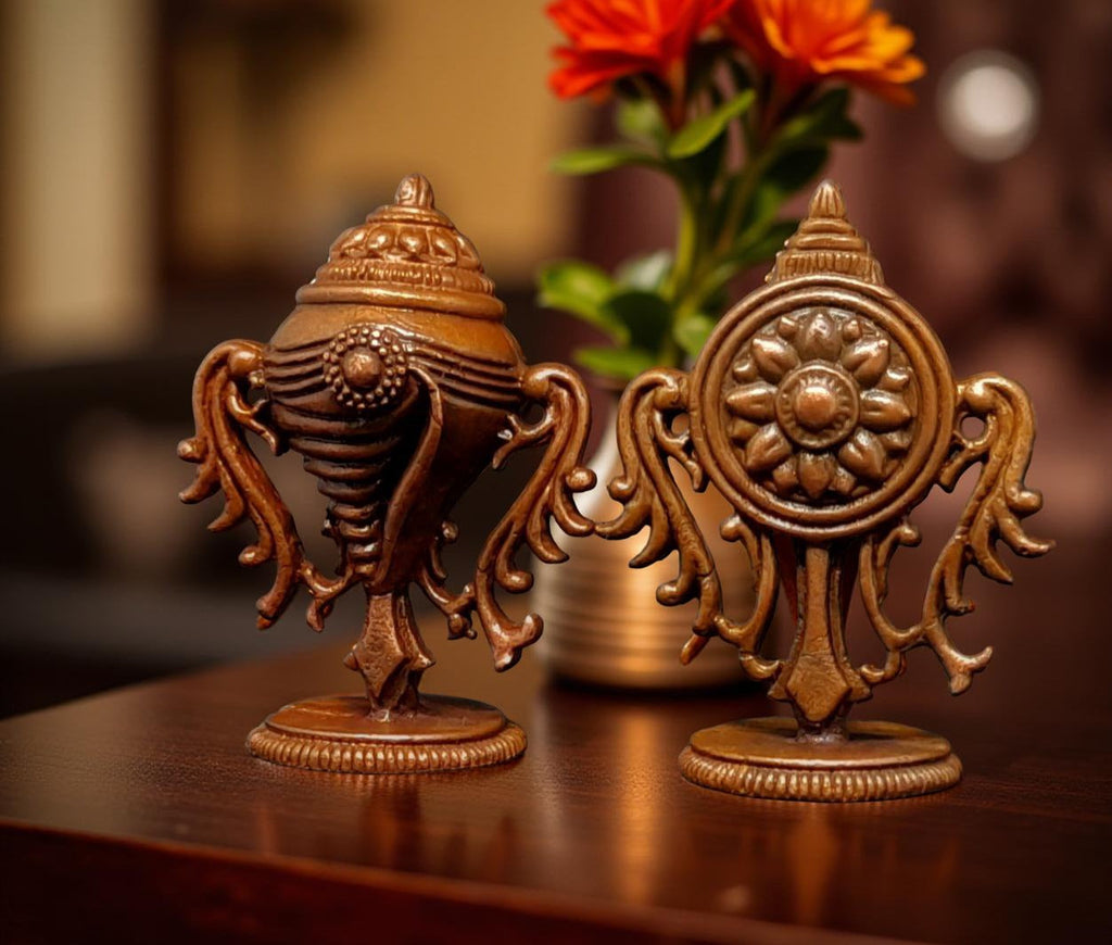 Brownish-Orange Copper Idols Of God Sanghu And Chakram, 1.9 Inch, 62G, Patina Antique Finish, Pack Of 2 Piece