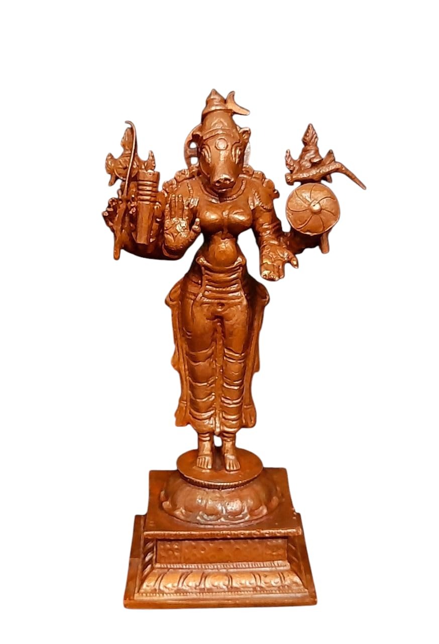 Brownish-Orange Copper Idols India, 4.7 Inches, Handmade Goddess Varahi, 405 Gram, Patina Antique Finish, Pack Of 1 Piece