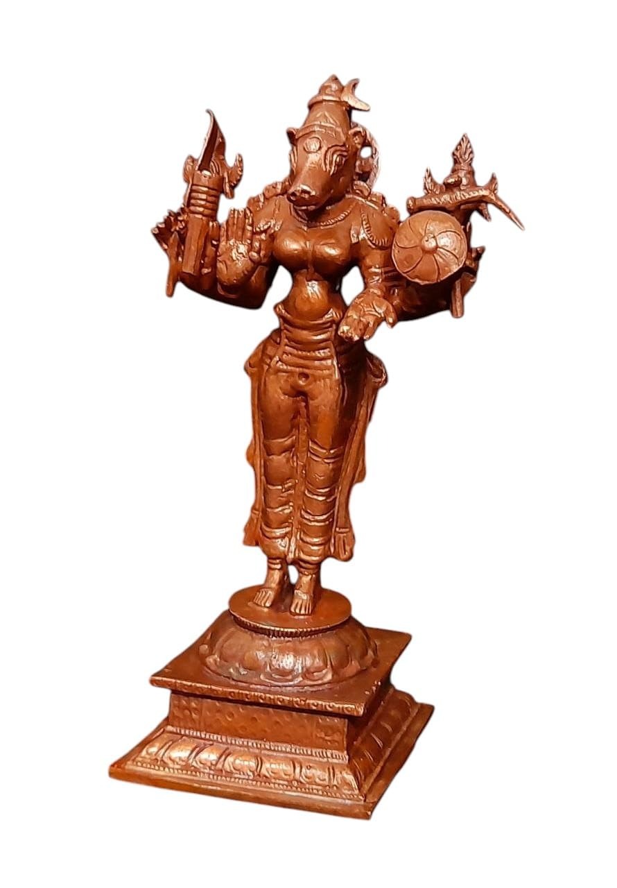 Brownish-Orange Copper Idols India, 4.7 Inches, Handmade Goddess Varahi, 405 Gram, Patina Antique Finish, Pack Of 1 Piece