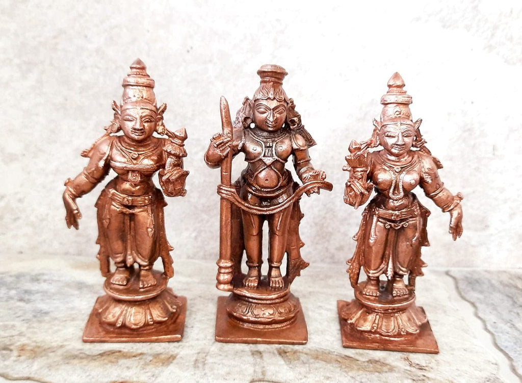 Brownish-Orange Copper Idols Of God Udupi Krishna, 3.1 Inches, 420G With Sridevi Bhudevi, Patina Antique Finish, Pack Of 3 Piece