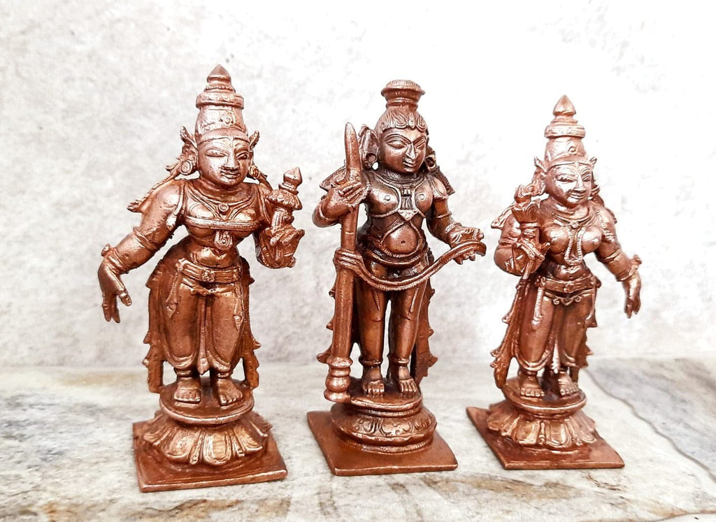 Brownish-Orange Copper Idols Of God Udupi Krishna, 3.1 Inches, 420G With Sridevi Bhudevi, Patina Antique Finish, Pack Of 3 Piece