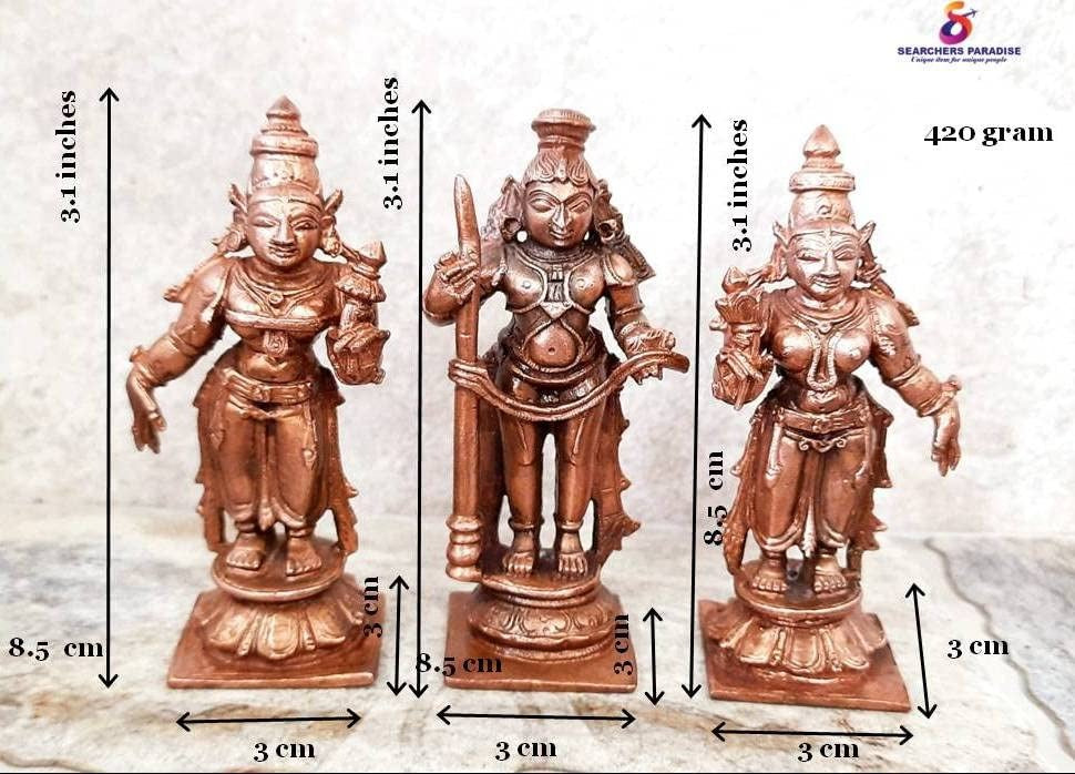 Brownish-Orange Copper Idols Of God Udupi Krishna, 3.1 Inches, 420G With Sridevi Bhudevi, Patina Antique Finish, Pack Of 3 Piece