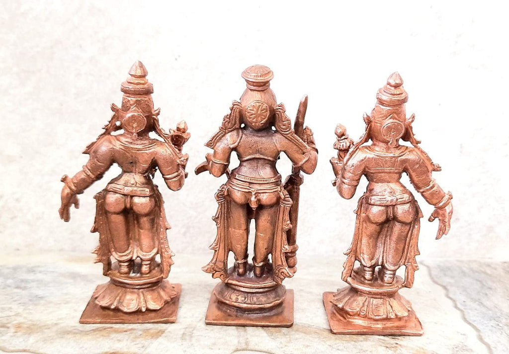 Brownish-Orange Copper Idols Of God Udupi Krishna, 3.1 Inches, 420G With Sridevi Bhudevi, Patina Antique Finish, Pack Of 3 Piece