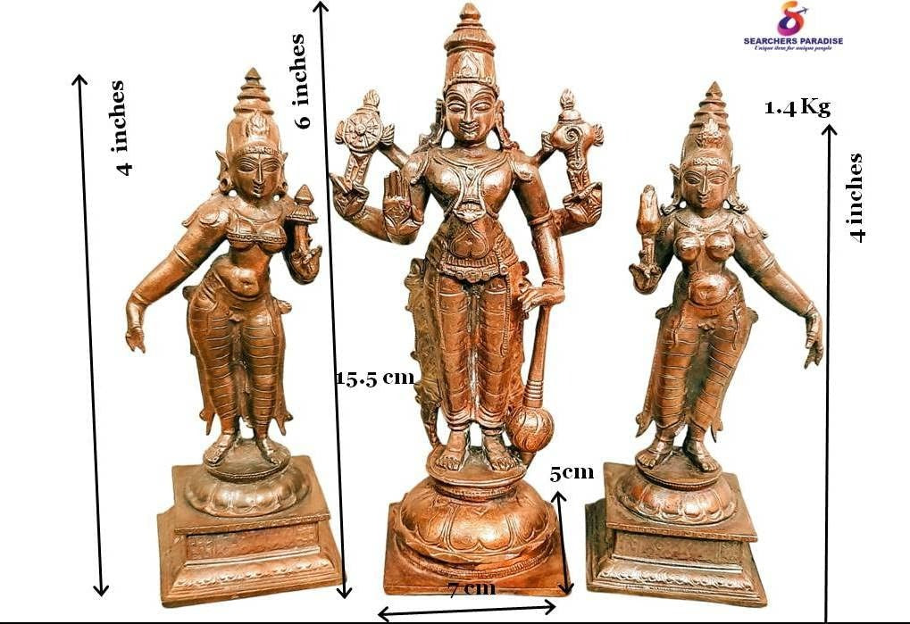 Brownish-Orange Copper Idols Of God Srinivasa Perumal With Sridevi And Bhudevi, 6 Inches, 1.4 Kg, Patina Antique Finish, Pack Of 3 Piece