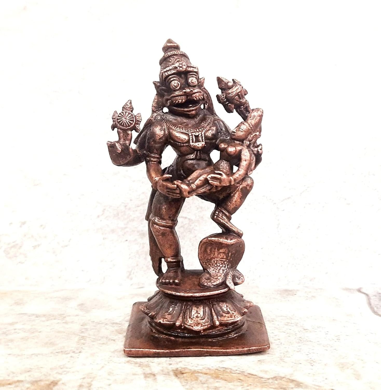 Brownish-Orange Copper Idols India, 3.6 Inches, Handmade Lakshmi Narasimha 243 Gram, Patina Antique Finish, Pack Of 1 Piece