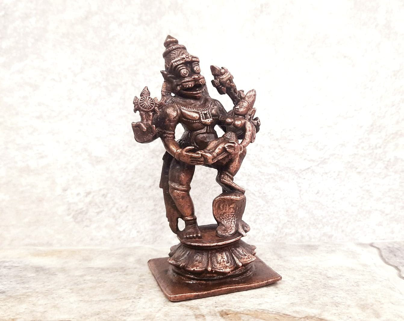 Brownish-Orange Copper Idols India, 3.6 Inches, Handmade Lakshmi Narasimha 243 Gram, Patina Antique Finish, Pack Of 1 Piece