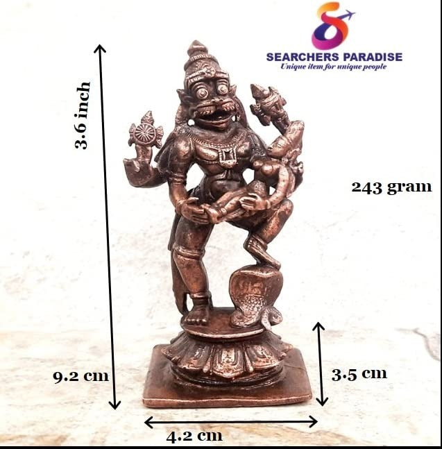 Brownish-Orange Copper Idols India, 3.6 Inches, Handmade Lakshmi Narasimha 243 Gram, Patina Antique Finish, Pack Of 1 Piece
