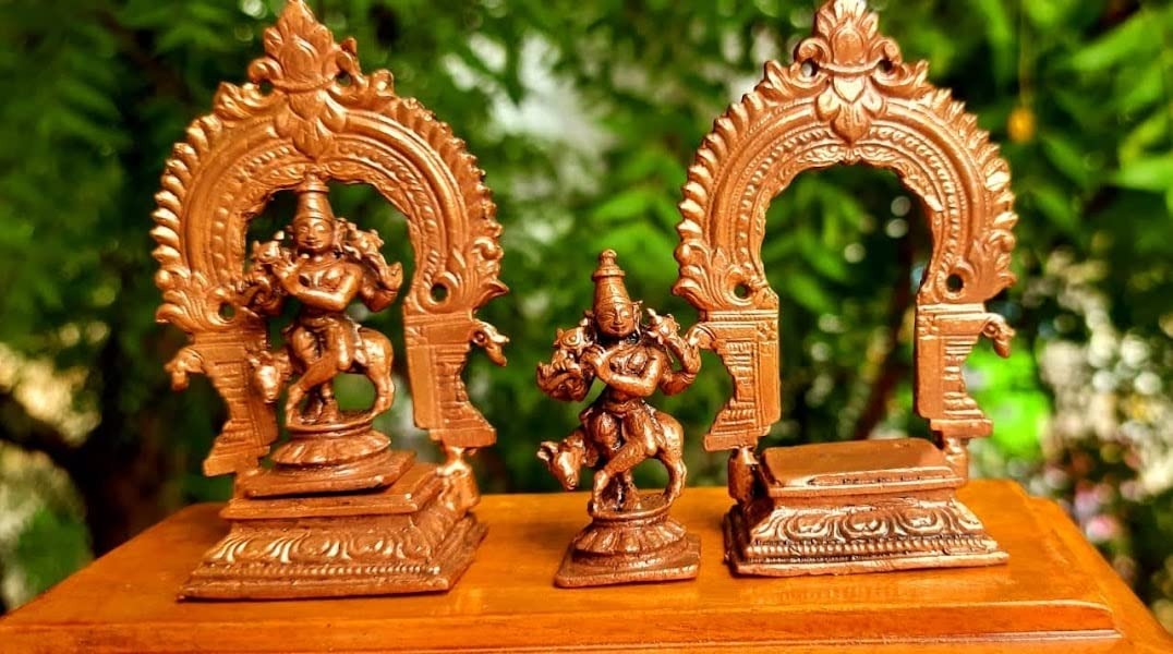 Brownish-Orange Copper Idols Of God Little Krishna With Prabhavalli, 3.3 Inches, 126G, Patina Antique Finish, Pack Of 2 Piece