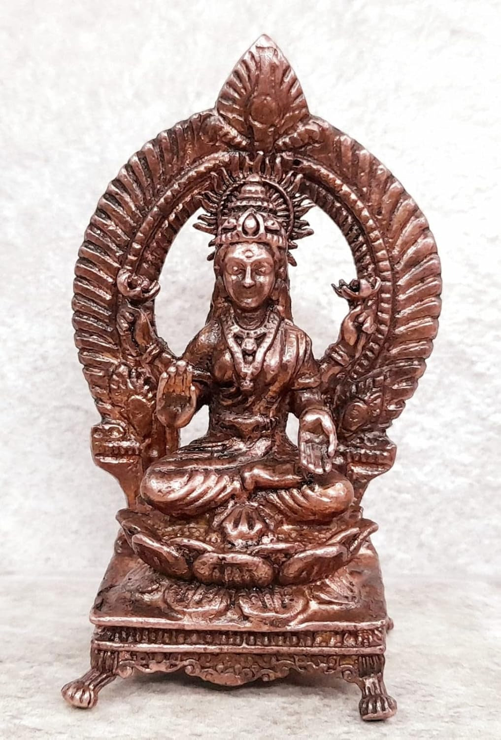 Brownish-Orange Copper Idols, 3.3 Inches, Handmade Lakshmi With Prabhavlli, 150G, Patina Antique Finish, Pack Of 1 Piece