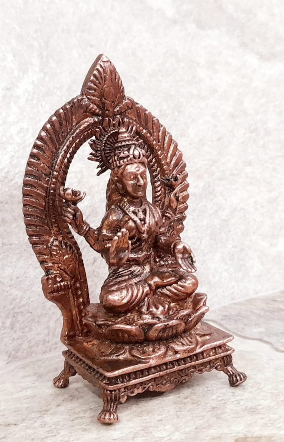 Brownish-Orange Copper Idols, 3.3 Inches, Handmade Lakshmi With Prabhavlli, 150G, Patina Antique Finish, Pack Of 1 Piece