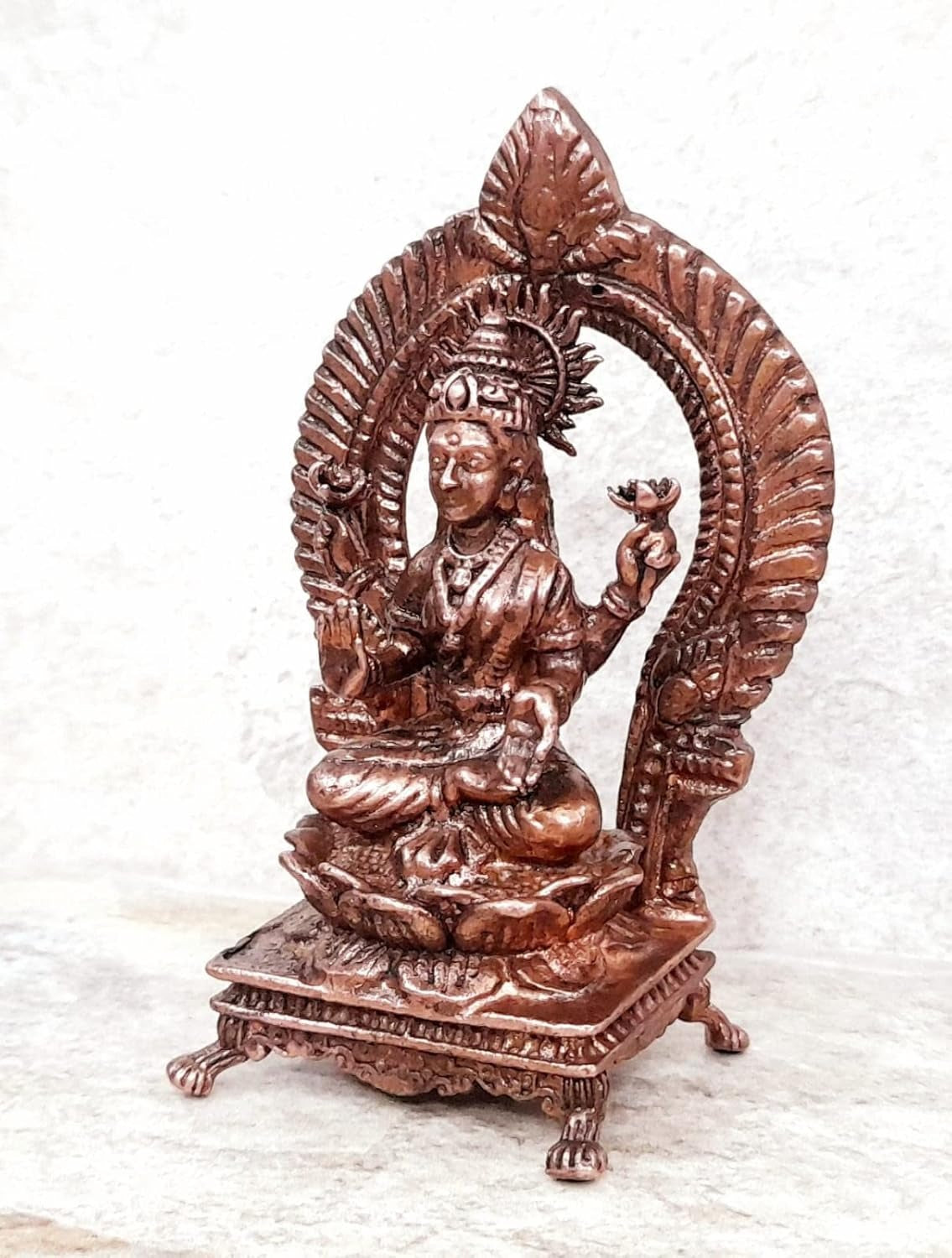 Brownish-Orange Copper Idols, 3.3 Inches, Handmade Lakshmi With Prabhavlli, 150G, Patina Antique Finish, Pack Of 1 Piece