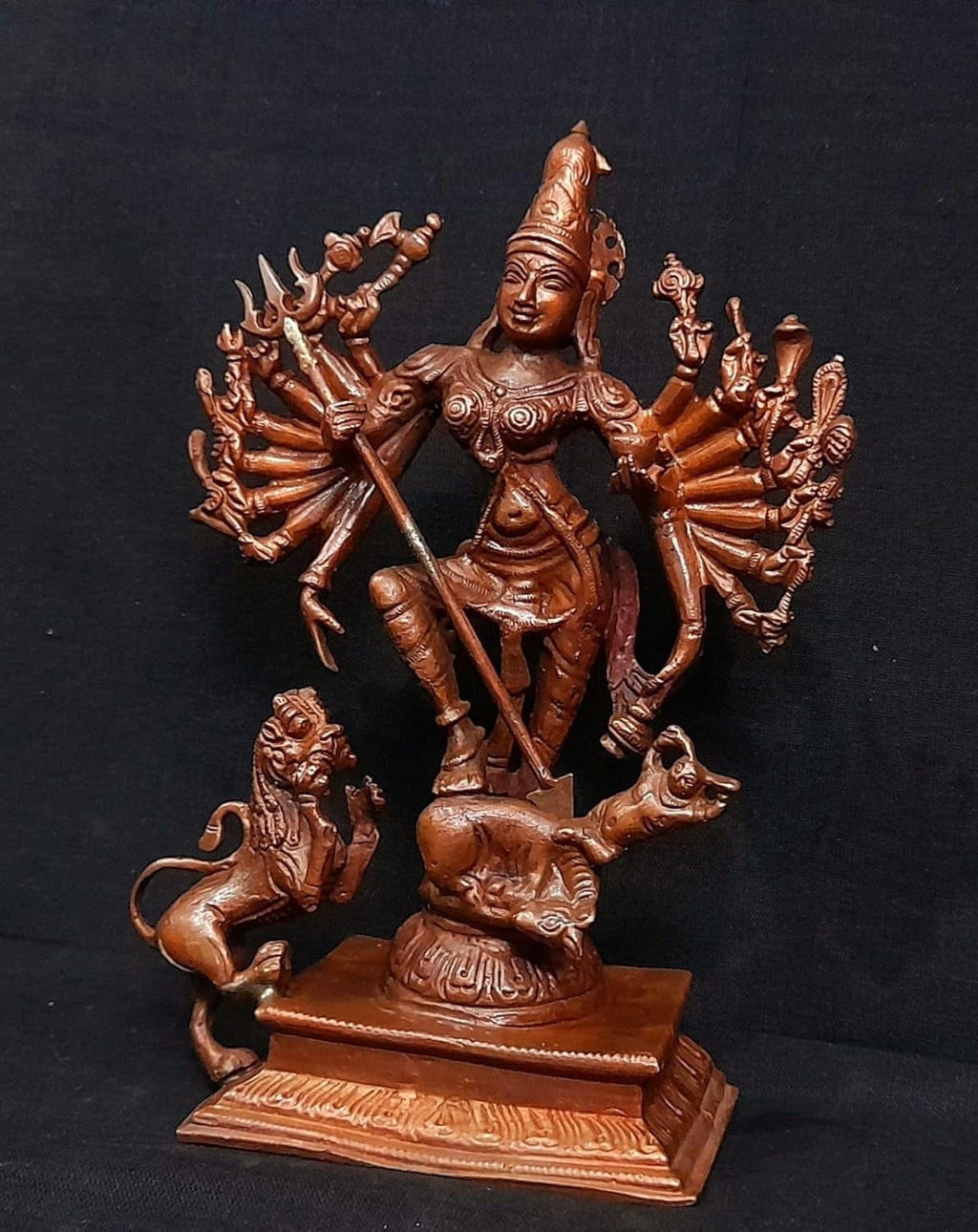 Brownish-Orange Copper Idols Of God Mahishasura Mardhini Idol, 7.8 Inches, 1.1 Kg, Patina Antique Finish, Pack Of 1 Piece