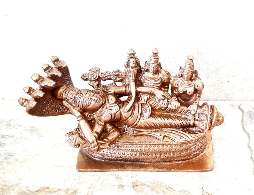 Brownish-Orange Copper Idols Of God Sri Ranganathar With Goddess Lakshmi By Unikraf , 2.6 Inches, 530G, Patina Antique Finish, Pack Of 1 Piece