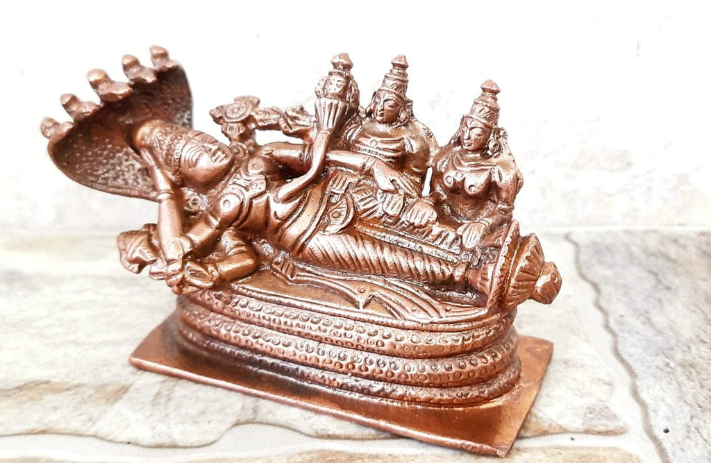 Brownish-Orange Copper Idols Of God Sri Ranganathar With Goddess Lakshmi By Unikraf , 2.6 Inches, 530G, Patina Antique Finish, Pack Of 1 Piece