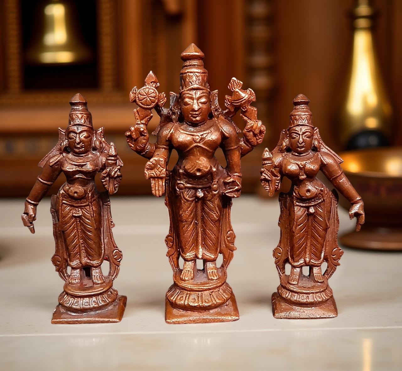 Brownish-Orange Copper Idols Of God Srinivasa Perumal With Sridevi And Bhudevi, 7.3 Cm, 200 G, Patina Antique Finish, Pack Of 1 Piece