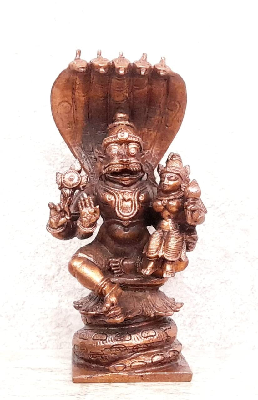 Brownish-Orange Copper Idols Of God Lakshmi Narasimhar Sitting In Adhisesha, 3.9 Inch, 380 Gram, Patina Antique Finish, Pack Of 1 Piece