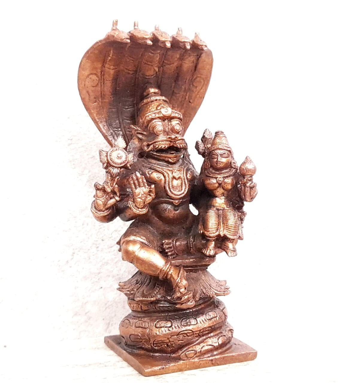 Brownish-Orange Copper Idols Of God Lakshmi Narasimhar Sitting In Adhisesha, 3.9 Inch, 380 Gram, Patina Antique Finish, Pack Of 1 Piece